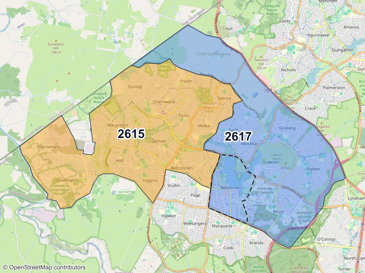 Map of Belconnen, ACT, showing its postcode areas as colored shapes and the suburb outline as a dashed line