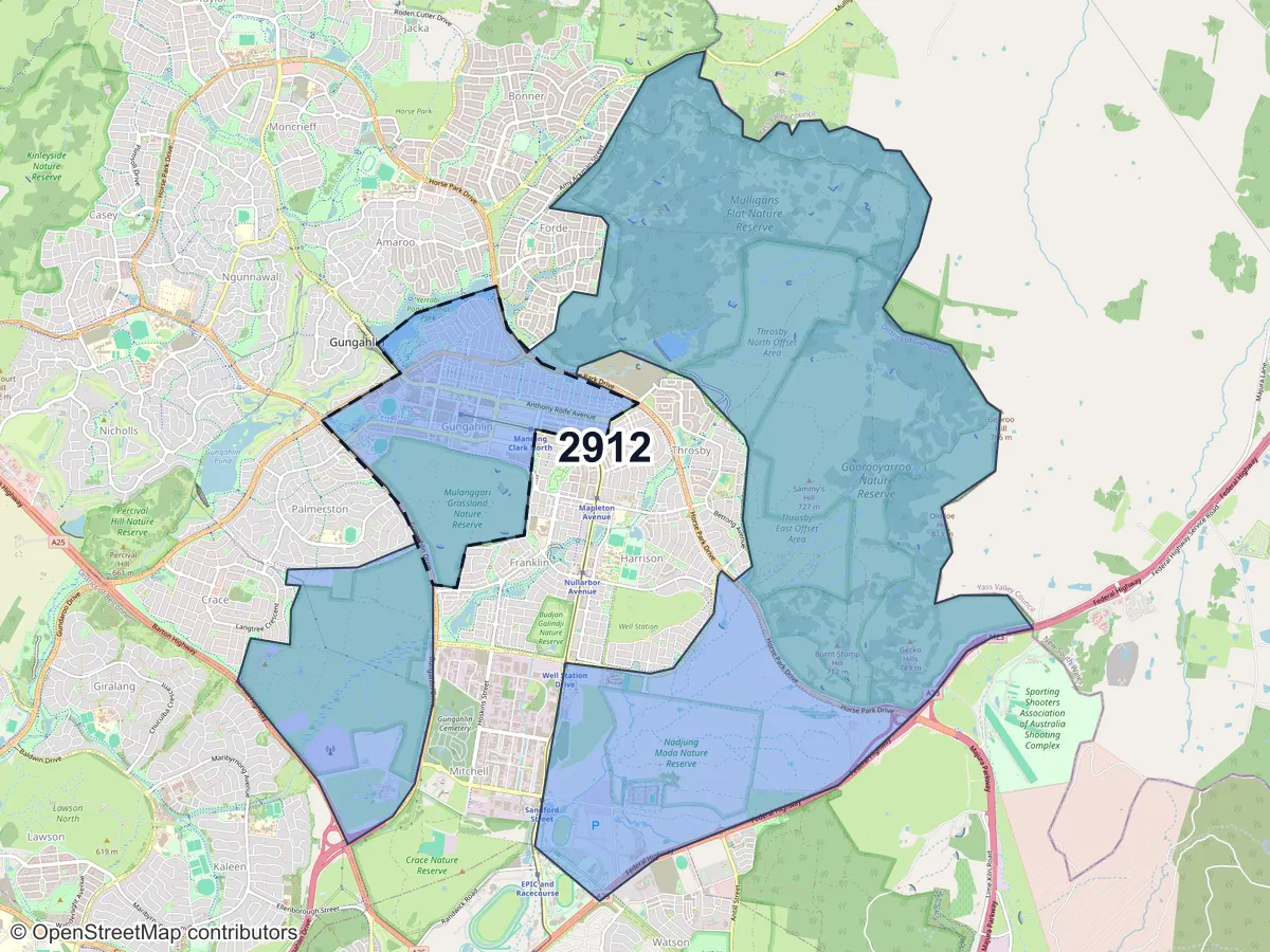 Map of Gungahlin, ACT, showing its postcode areas as colored shapes and the suburb outline as a dashed line