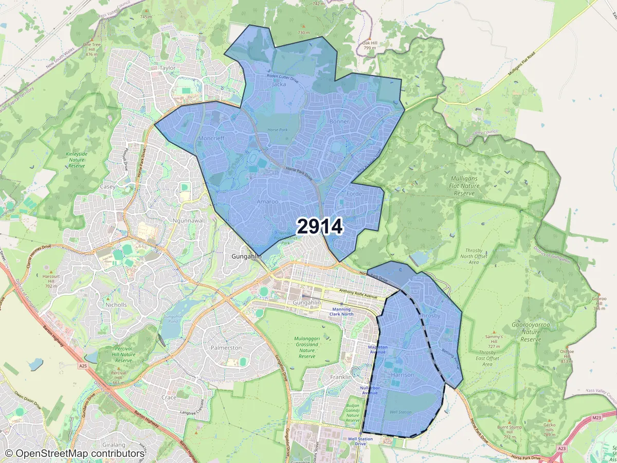 Map of Harrison, ACT, showing its postcode areas as colored shapes and the suburb outline as a dashed line