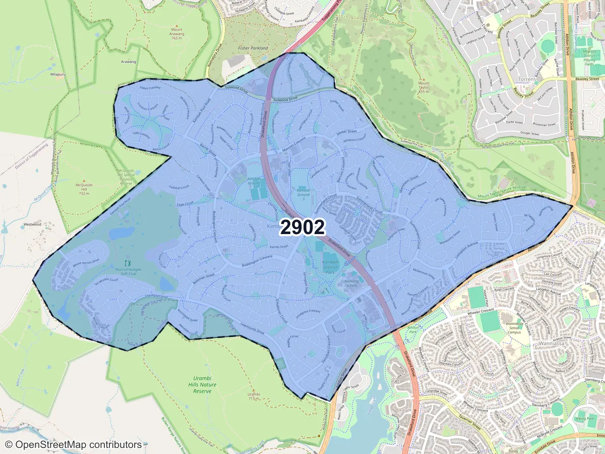 Map of Kambah, ACT, showing its postcode areas as colored shapes and the suburb outline as a dashed line