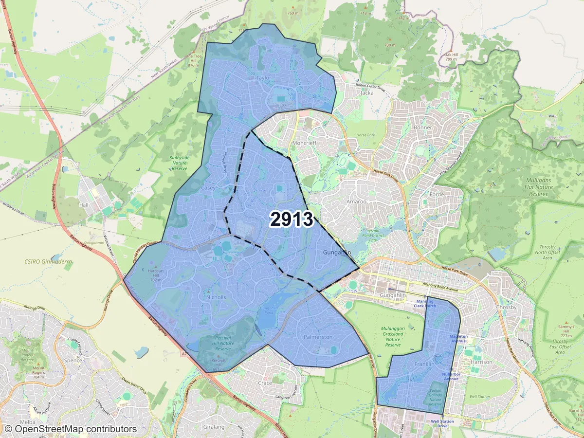 Map of Ngunnawal, ACT, showing its postcode areas as colored shapes and the suburb outline as a dashed line