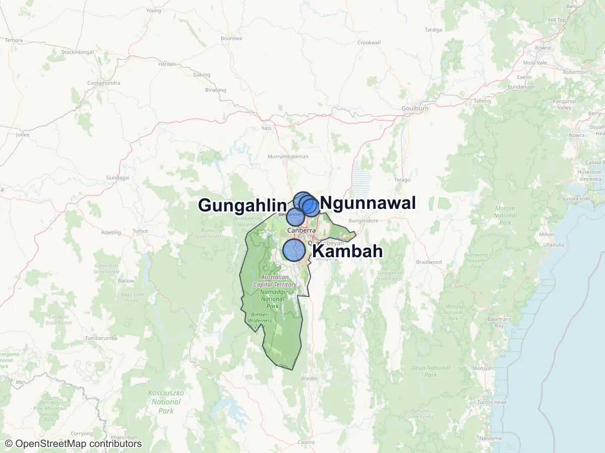 Map of Australian Capital Territory with a circle for each of its largest suburbs