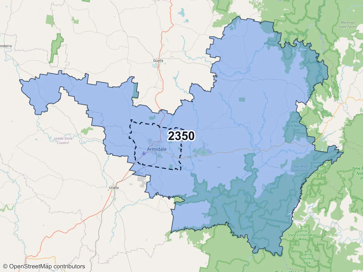 Map of Armidale, NSW, showing its postcode areas as colored shapes and the suburb outline as a dashed line