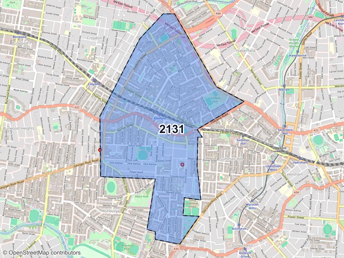 Map of Ashfield, NSW, showing its postcode areas as colored shapes and the suburb outline as a dashed line