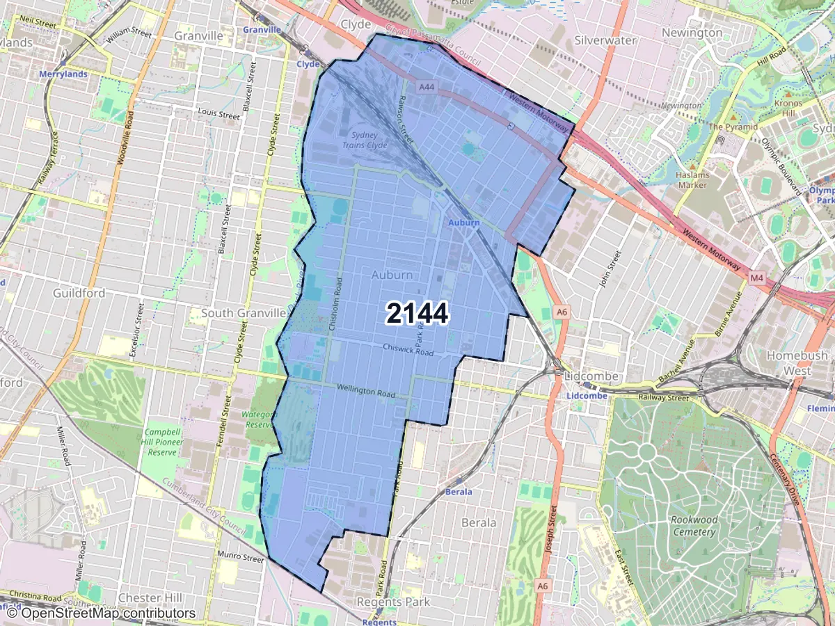 Map of Auburn, NSW, showing its postcode areas as colored shapes and the suburb outline as a dashed line