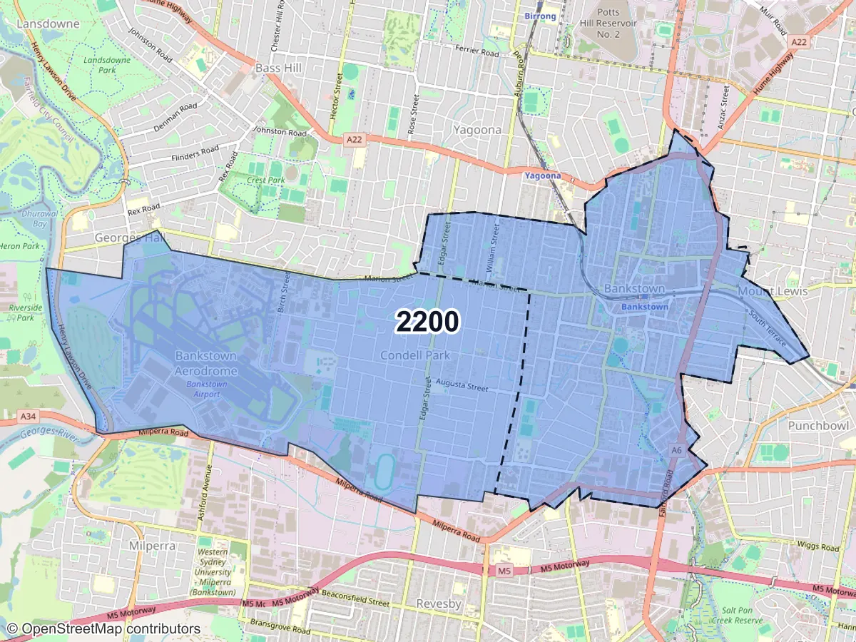 Map of Bankstown, NSW, showing its postcode areas as colored shapes and the suburb outline as a dashed line