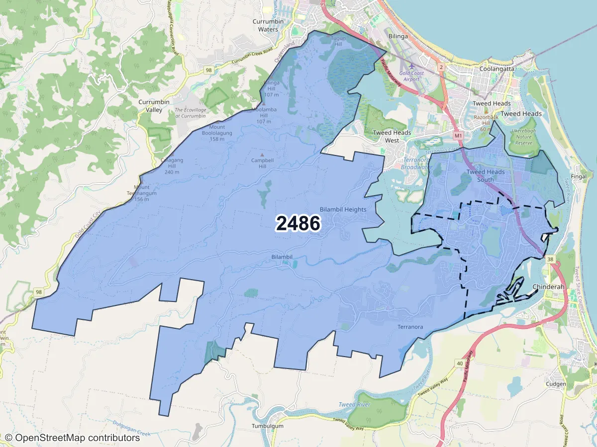 Map of Banora Point, NSW, showing its postcode areas as colored shapes and the suburb outline as a dashed line