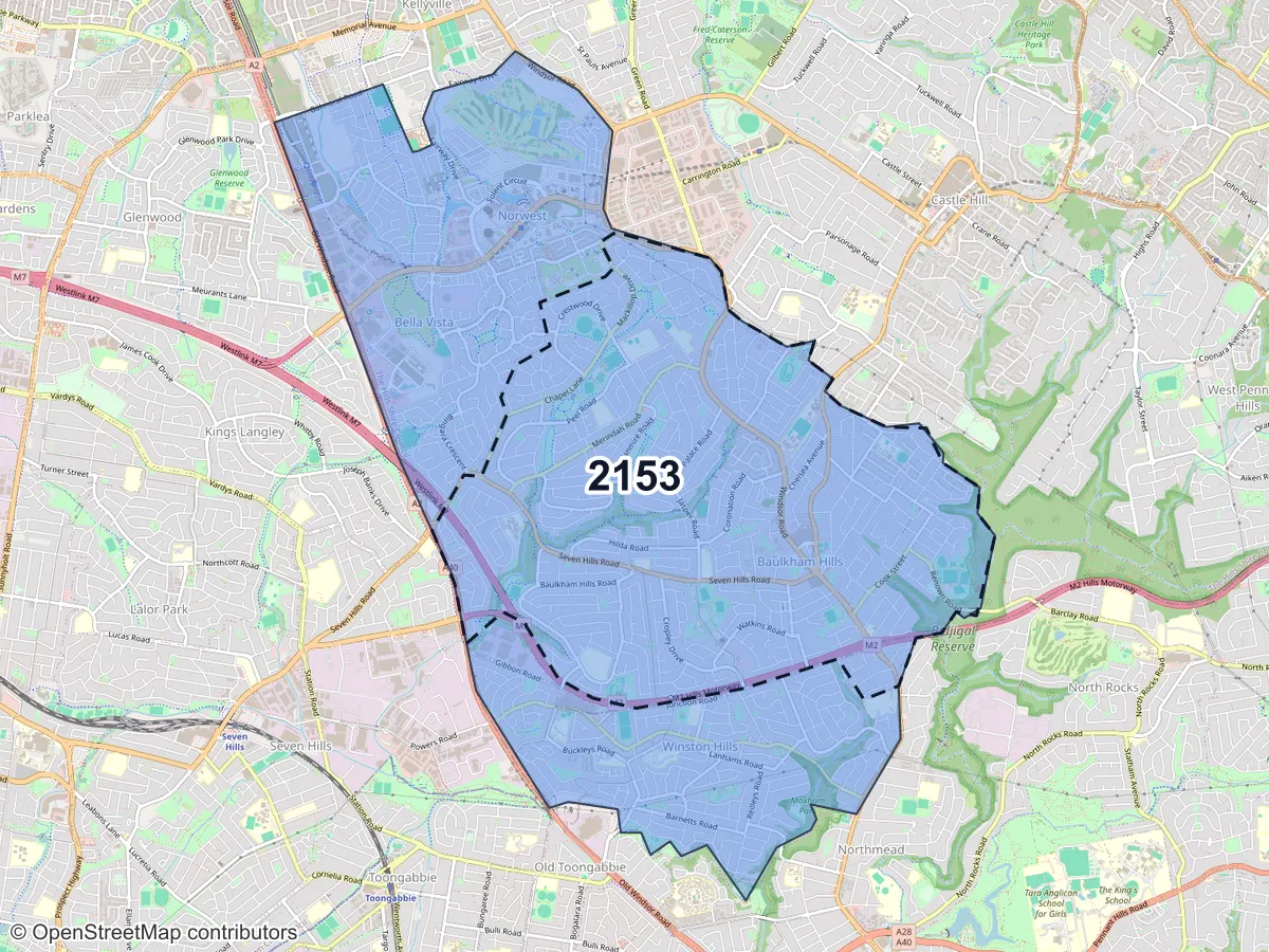 Map of Baulkham Hills, NSW, showing its postcode areas as colored shapes and the suburb outline as a dashed line
