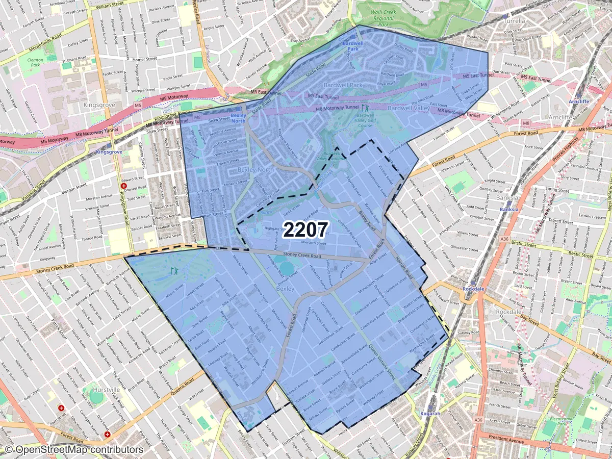 Map of Bexley, NSW, showing its postcode areas as colored shapes and the suburb outline as a dashed line