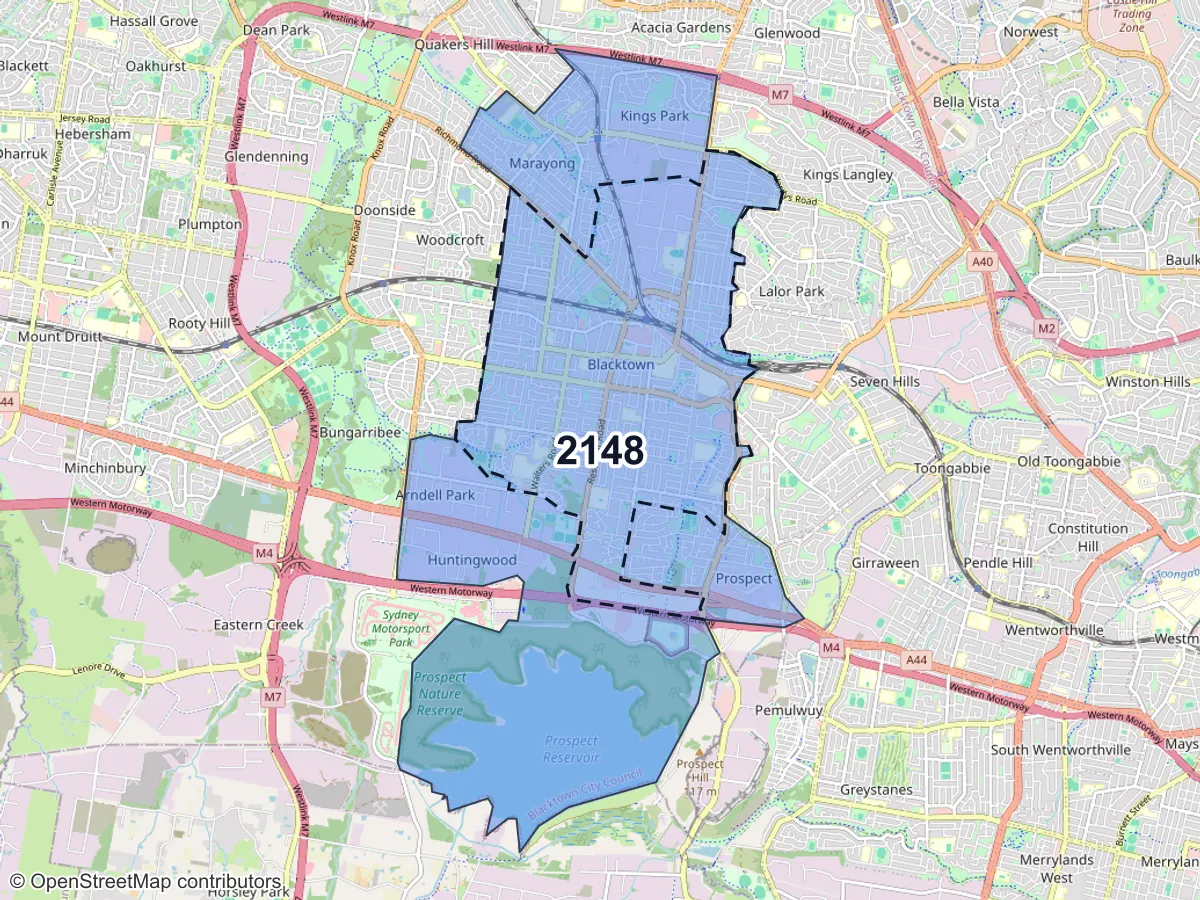 Map of Blacktown, NSW, showing its postcode areas as colored shapes and the suburb outline as a dashed line
