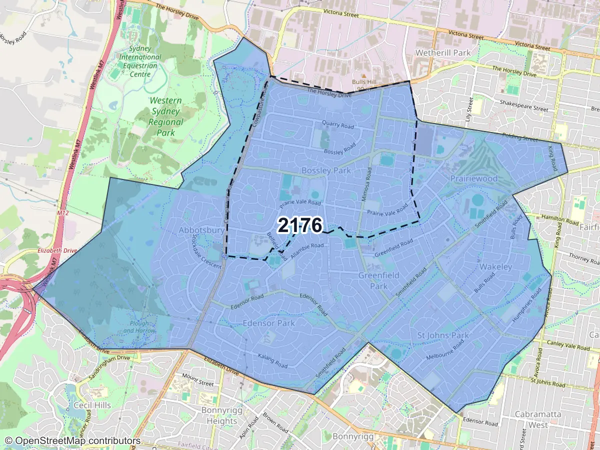 Map of Bossley Park, NSW, showing its postcode areas as colored shapes and the suburb outline as a dashed line