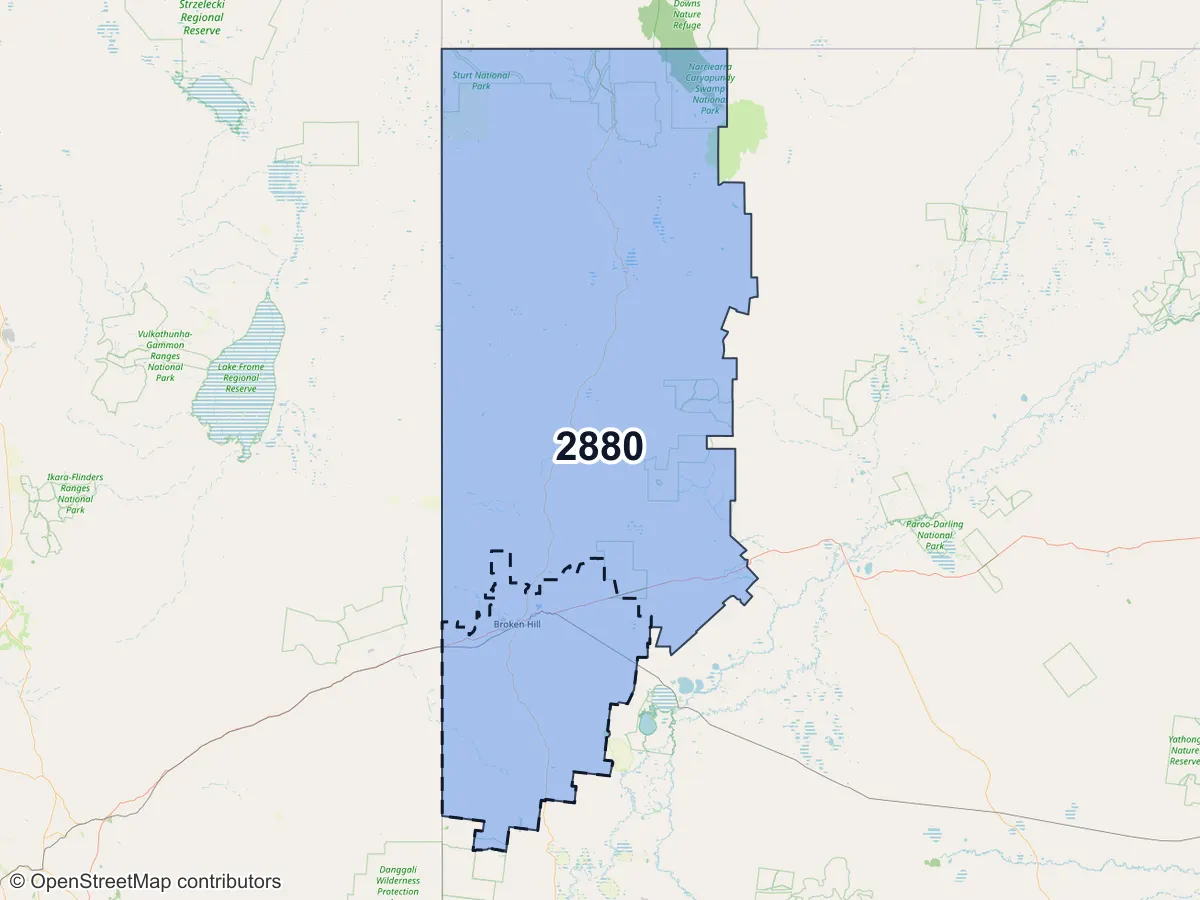 Map of Broken Hill, NSW, showing its postcode areas as colored shapes and the suburb outline as a dashed line