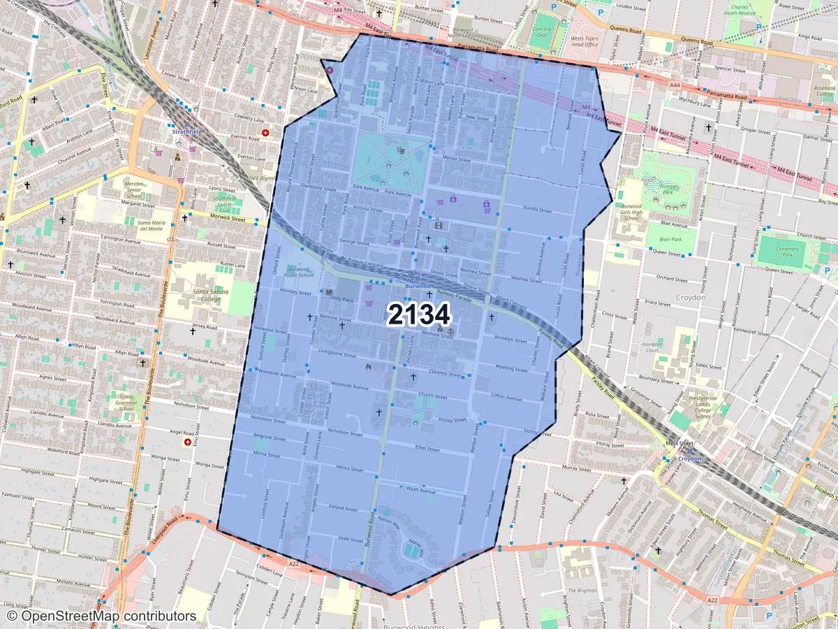 Map of Burwood, NSW, showing its postcode areas as colored shapes and the suburb outline as a dashed line