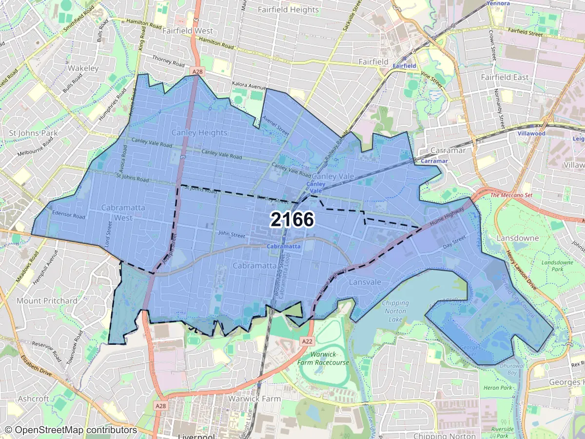 Map of Cabramatta, NSW, showing its postcode areas as colored shapes and the suburb outline as a dashed line