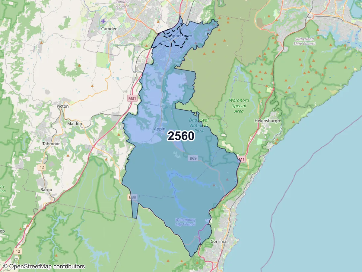 Map of Campbelltown, NSW, showing its postcode areas as colored shapes and the suburb outline as a dashed line