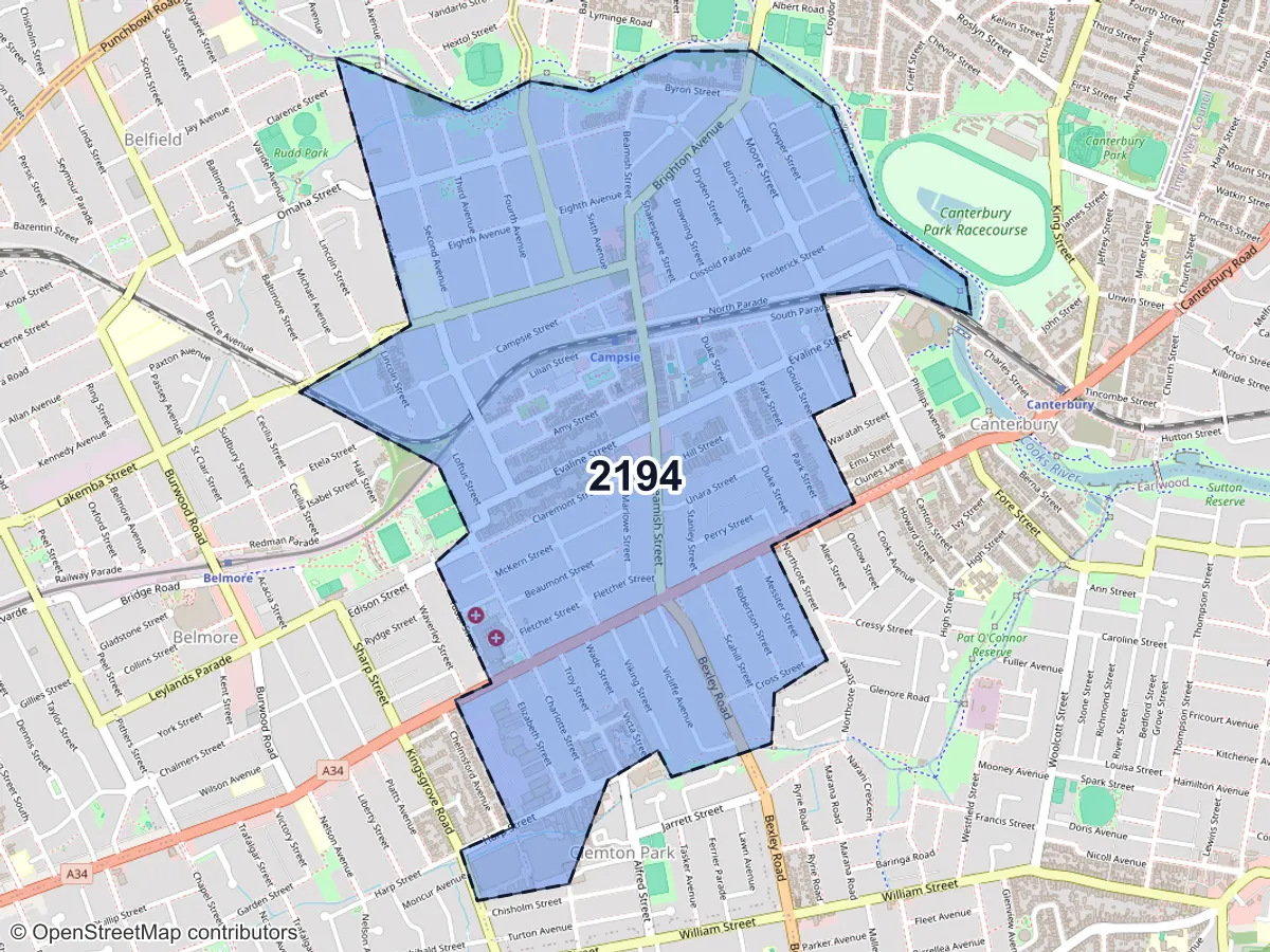 Map of Campsie, NSW, showing its postcode areas as colored shapes and the suburb outline as a dashed line