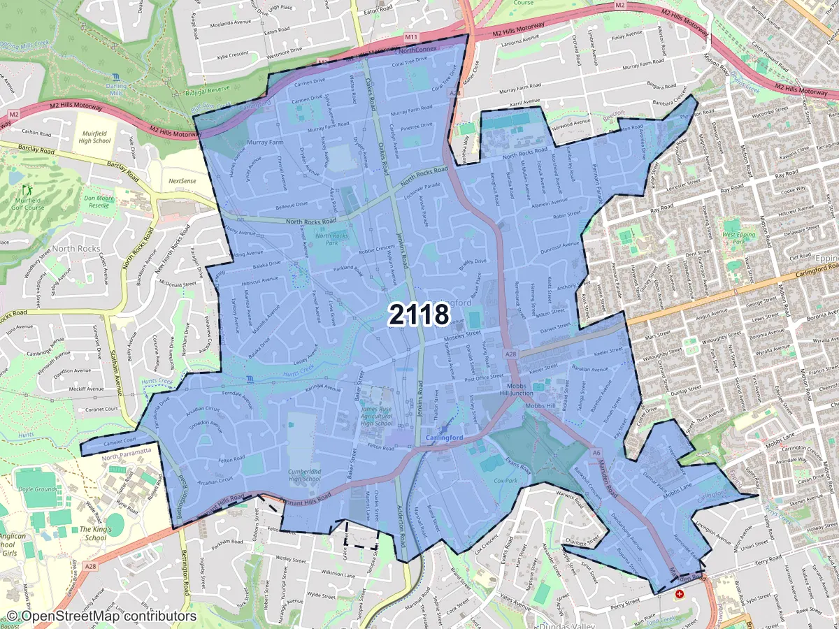 Map of Carlingford, NSW, showing its postcode areas as colored shapes and the suburb outline as a dashed line