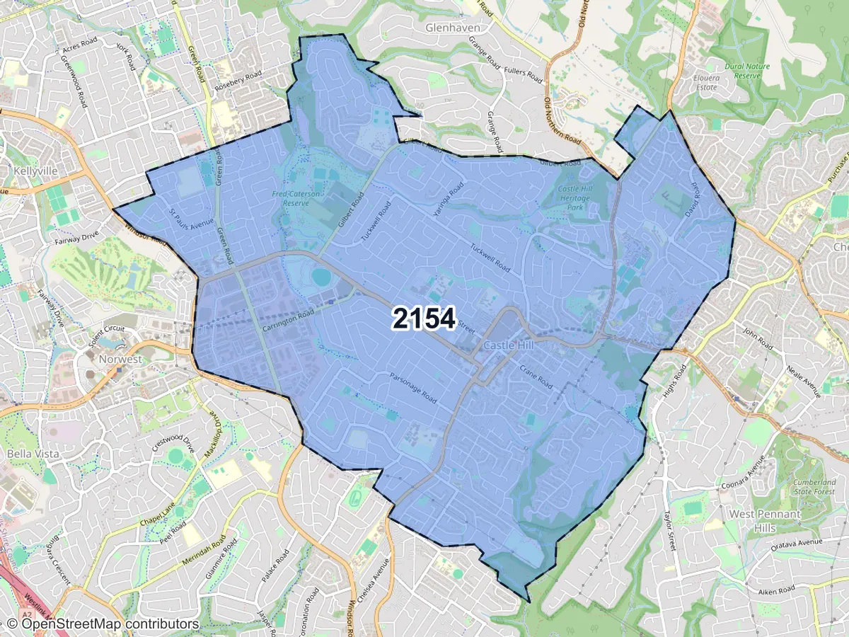 Map of Castle Hill, NSW, showing its postcode areas as colored shapes and the suburb outline as a dashed line