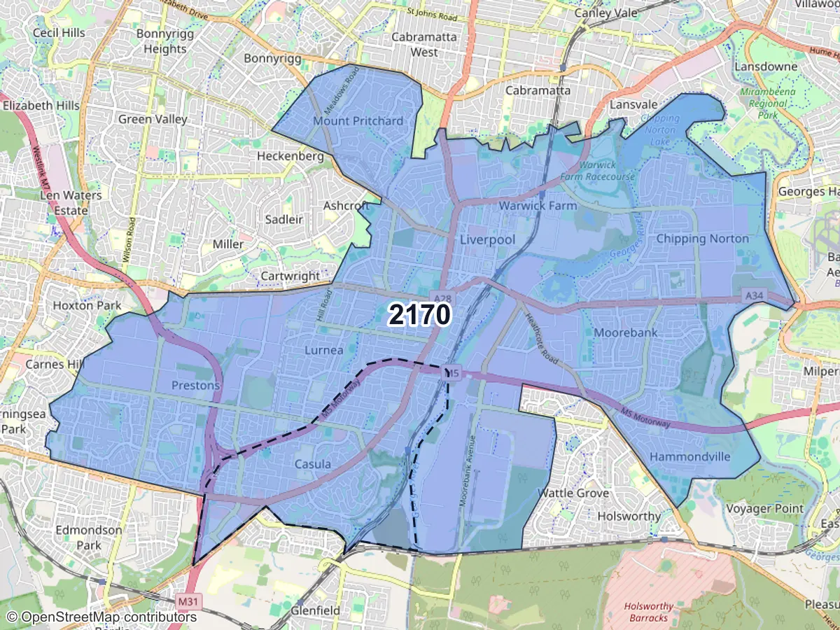 Map of Casula, NSW, showing its postcode areas as colored shapes and the suburb outline as a dashed line