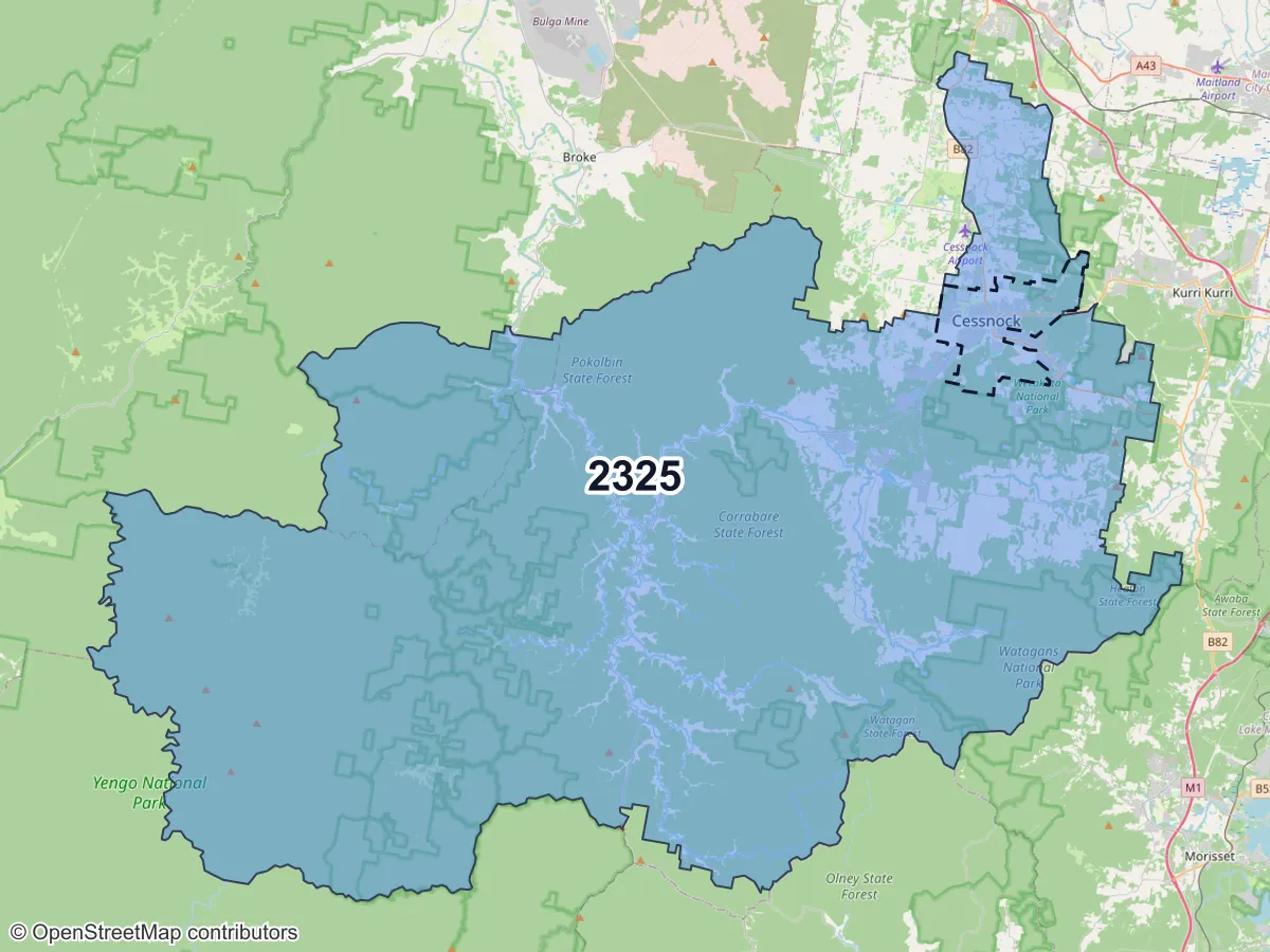 Map of Cessnock, NSW, showing its postcode areas as colored shapes and the suburb outline as a dashed line