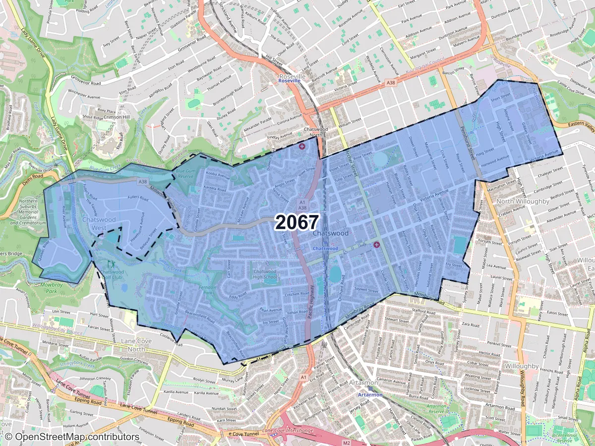 Map of Chatswood, NSW, showing its postcode areas as colored shapes and the suburb outline as a dashed line
