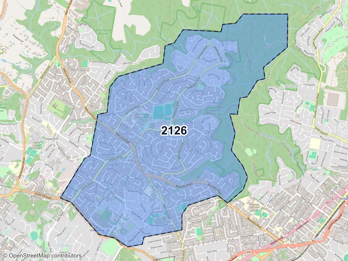 Map of Cherrybrook, NSW, showing its postcode areas as colored shapes and the suburb outline as a dashed line