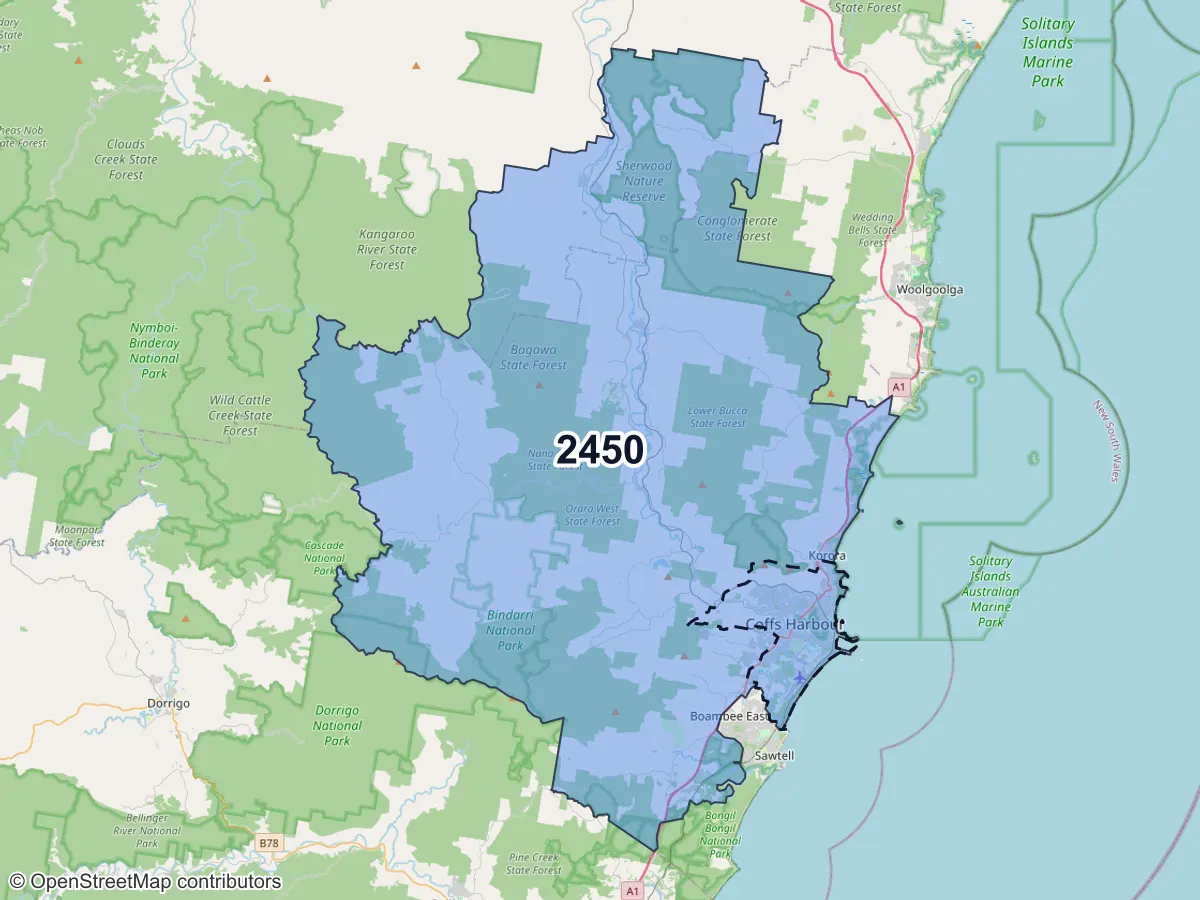 Map of Coffs Harbour, NSW, showing its postcode areas as colored shapes and the suburb outline as a dashed line