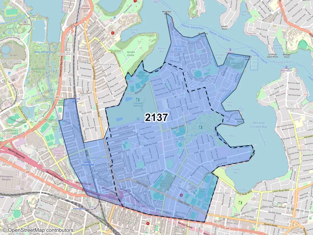Map of Concord, NSW, showing its postcode areas as colored shapes and the suburb outline as a dashed line