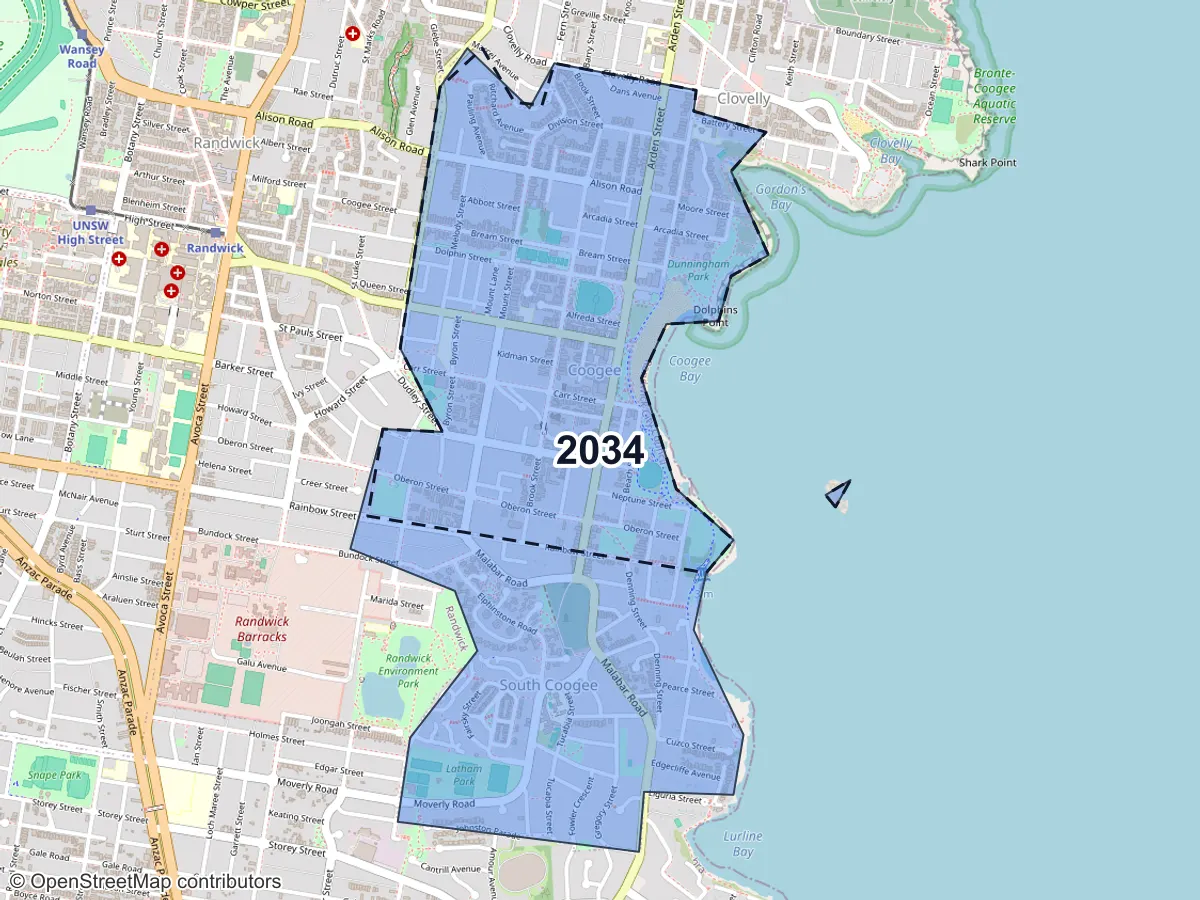 Map of Coogee, NSW, showing its postcode areas as colored shapes and the suburb outline as a dashed line