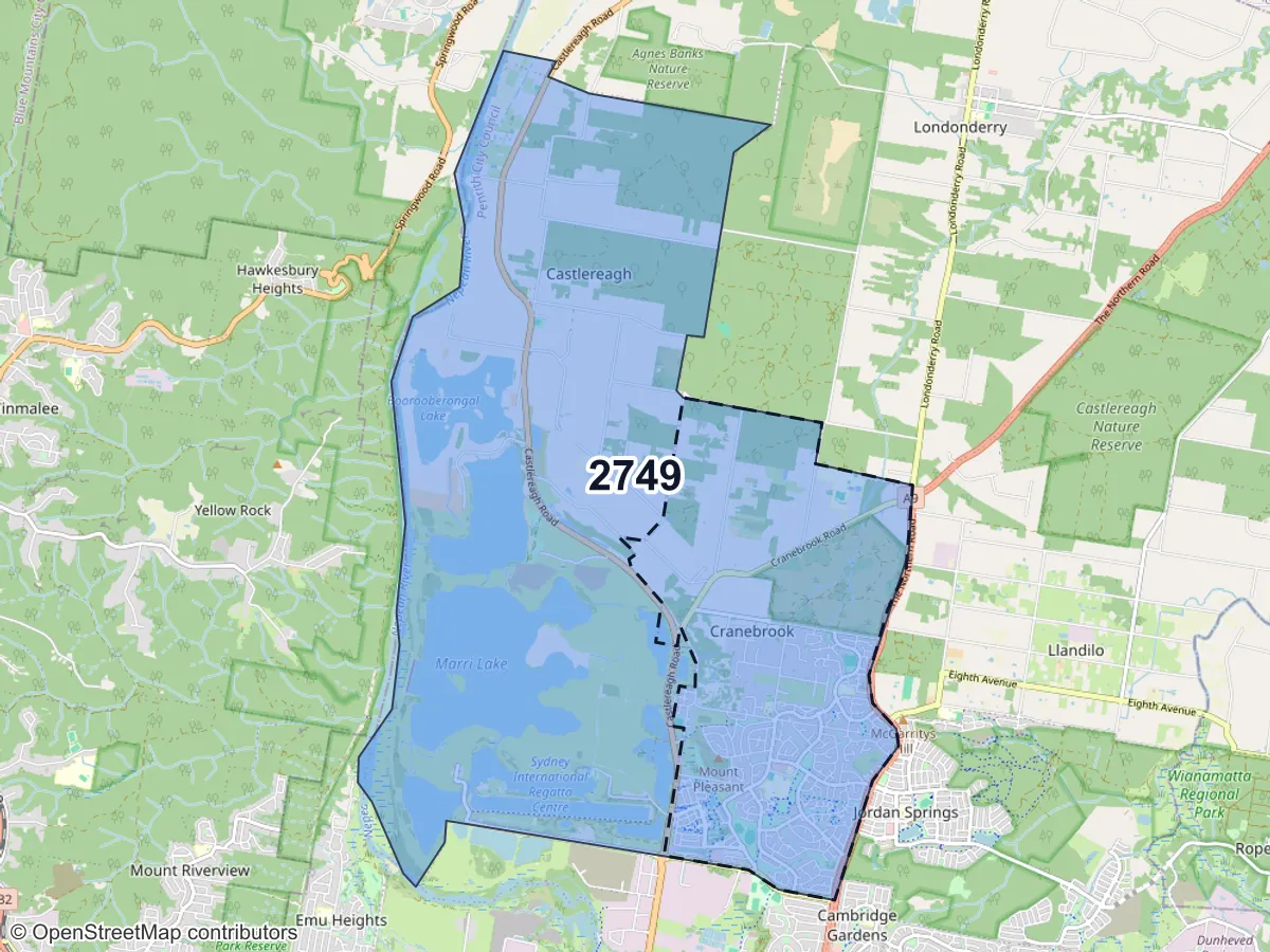 Map of Cranebrook, NSW, showing its postcode areas as colored shapes and the suburb outline as a dashed line