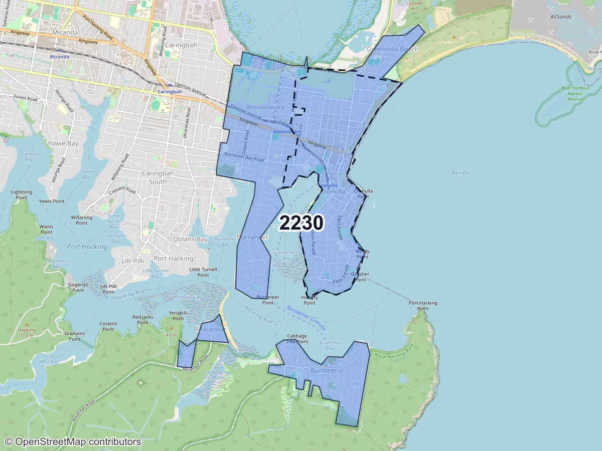 Map of Cronulla, NSW, showing its postcode areas as colored shapes and the suburb outline as a dashed line