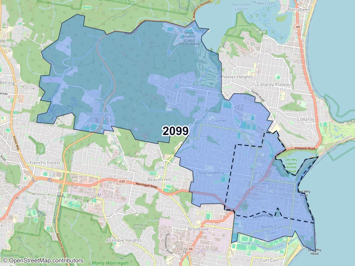 Map of Dee Why, NSW, showing its postcode areas as colored shapes and the suburb outline as a dashed line