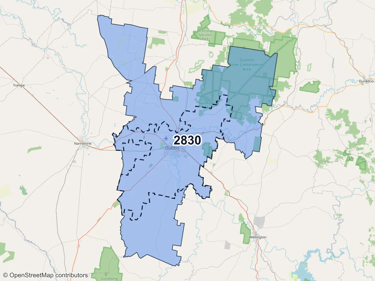 Map of Dubbo, NSW, showing its postcode areas as colored shapes and the suburb outline as a dashed line