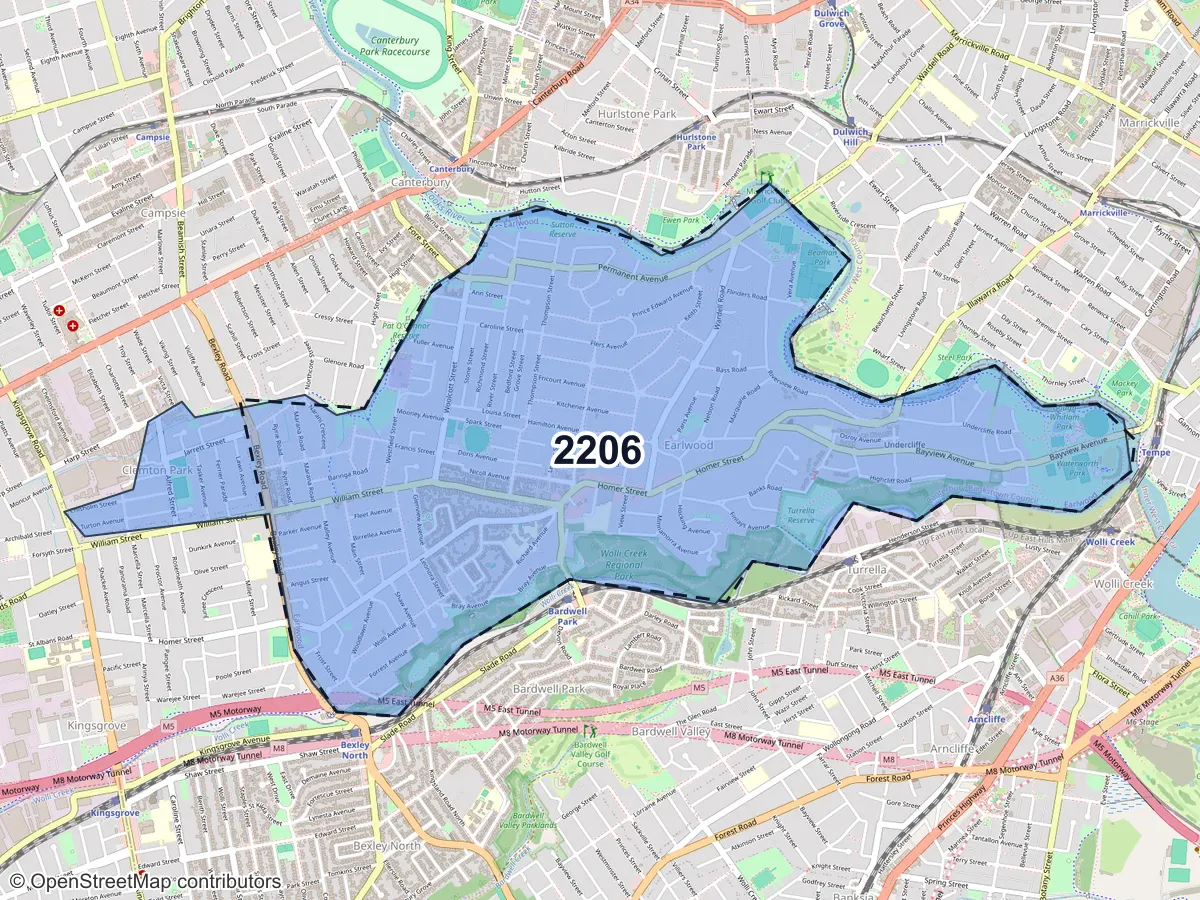 Map of Earlwood, NSW, showing its postcode areas as colored shapes and the suburb outline as a dashed line