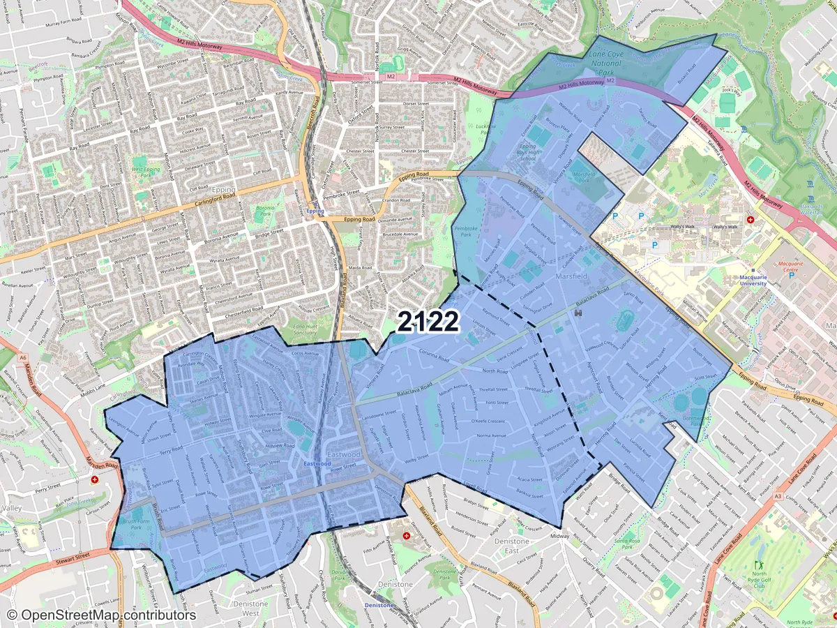 Map of Eastwood, NSW, showing its postcode areas as colored shapes and the suburb outline as a dashed line