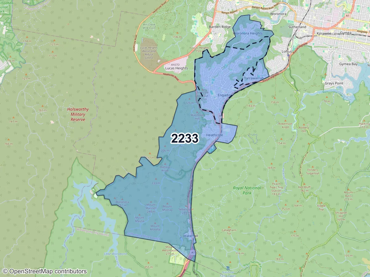 Map of Engadine, NSW, showing its postcode areas as colored shapes and the suburb outline as a dashed line