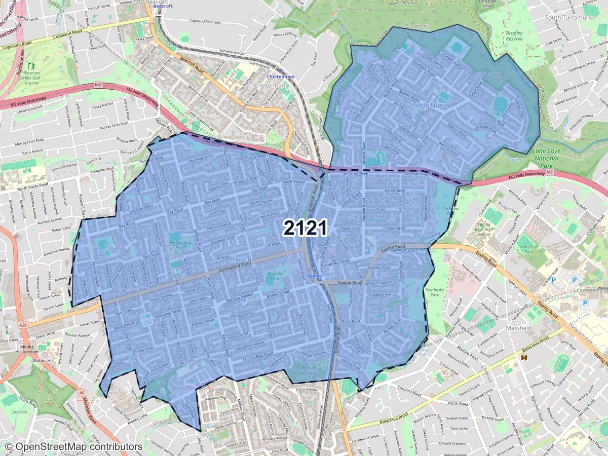Map of Epping, NSW, showing its postcode areas as colored shapes and the suburb outline as a dashed line