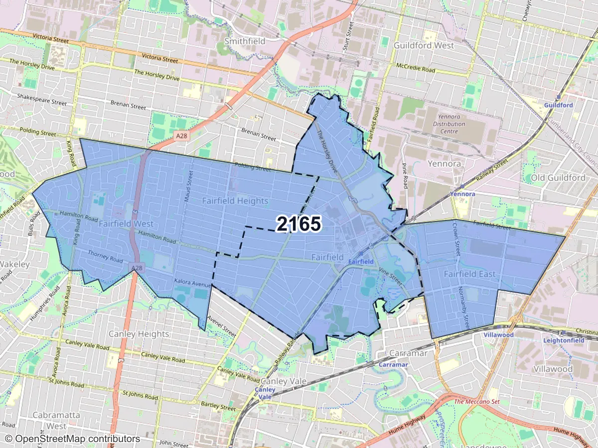 Map of Fairfield, NSW, showing its postcode areas as colored shapes and the suburb outline as a dashed line