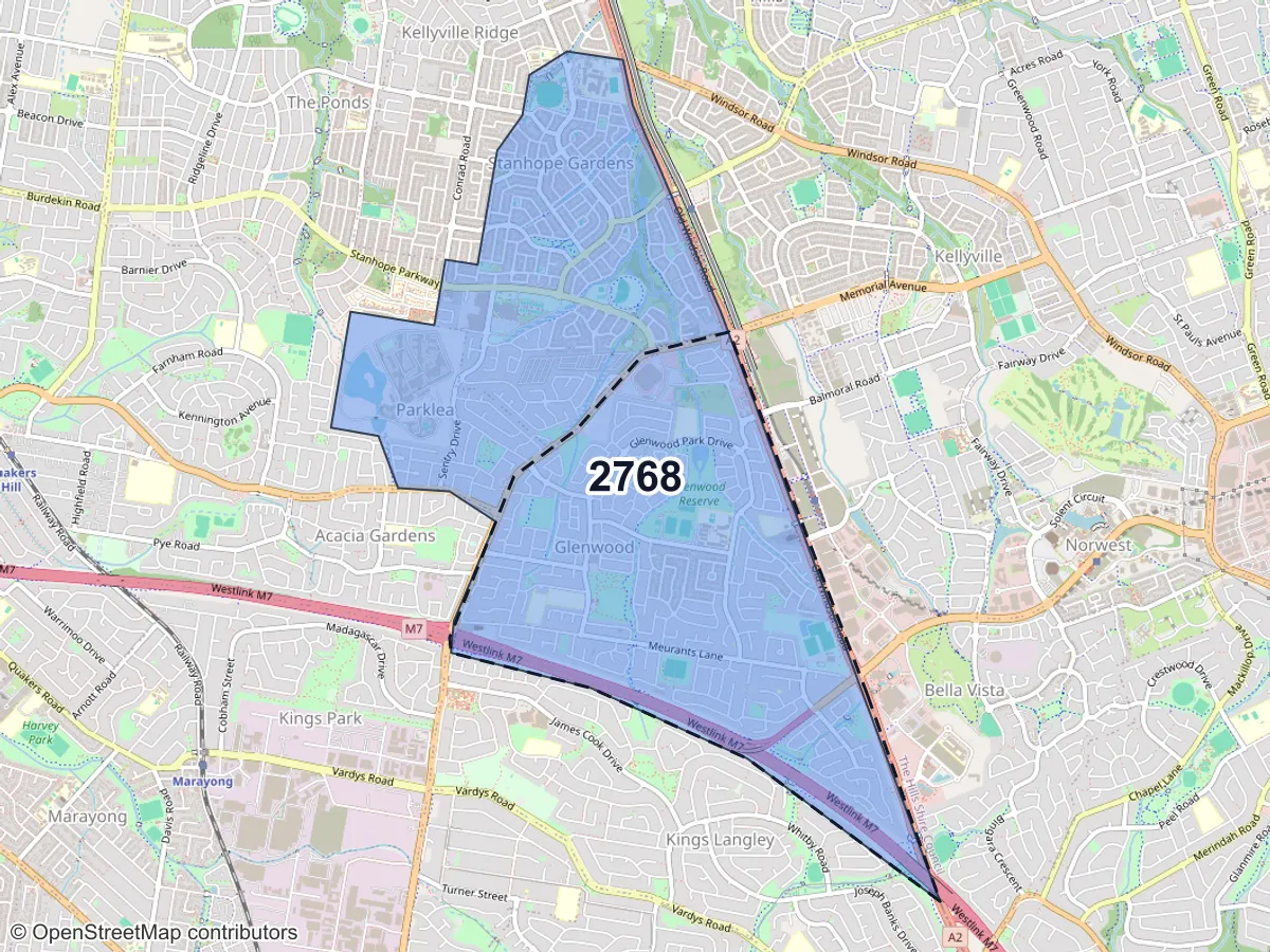 Map of Glenwood, NSW, showing its postcode areas as colored shapes and the suburb outline as a dashed line