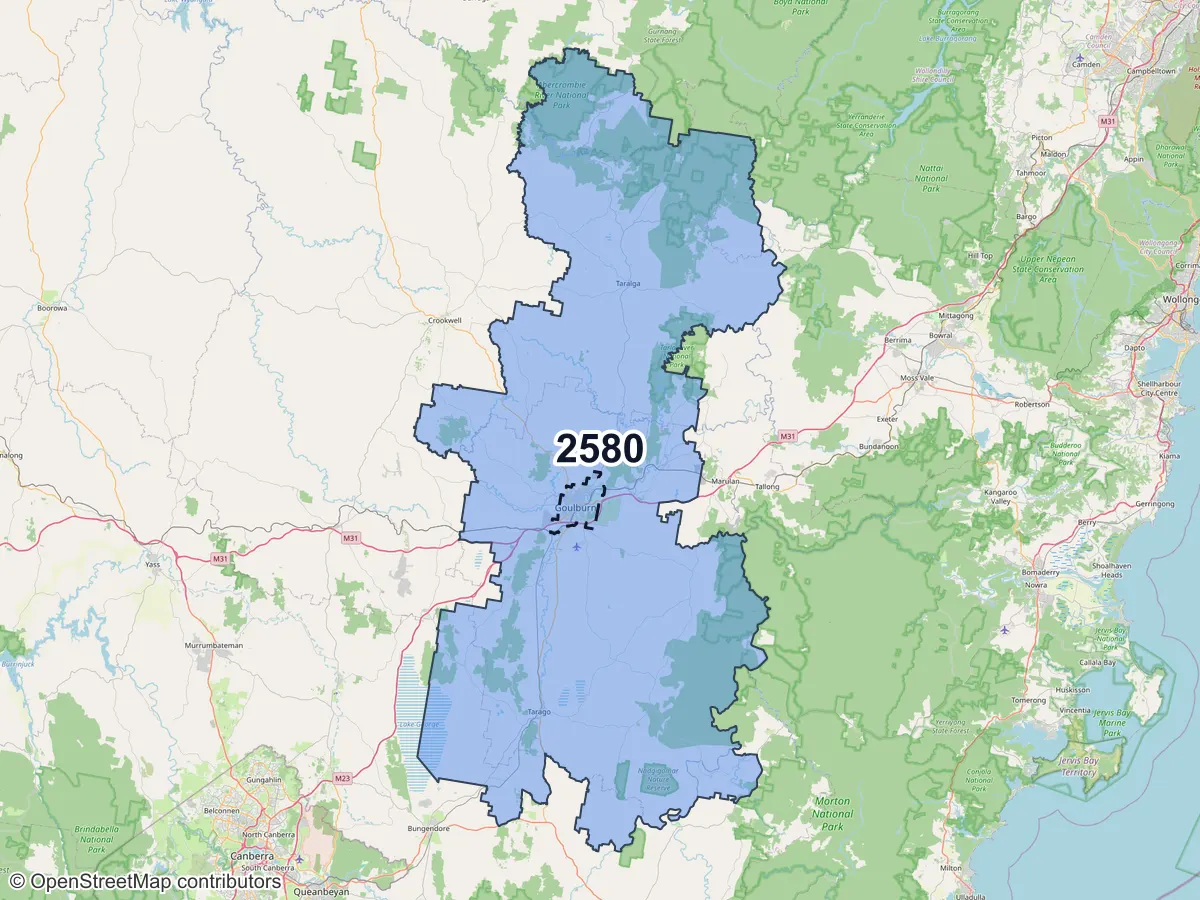 Map of Goulburn, NSW, showing its postcode areas as colored shapes and the suburb outline as a dashed line