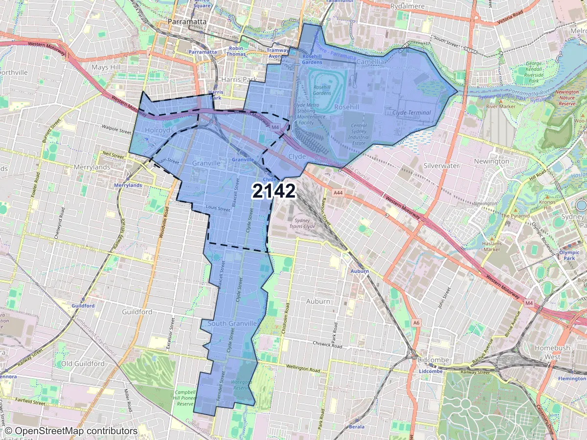 Map of Granville, NSW, showing its postcode areas as colored shapes and the suburb outline as a dashed line