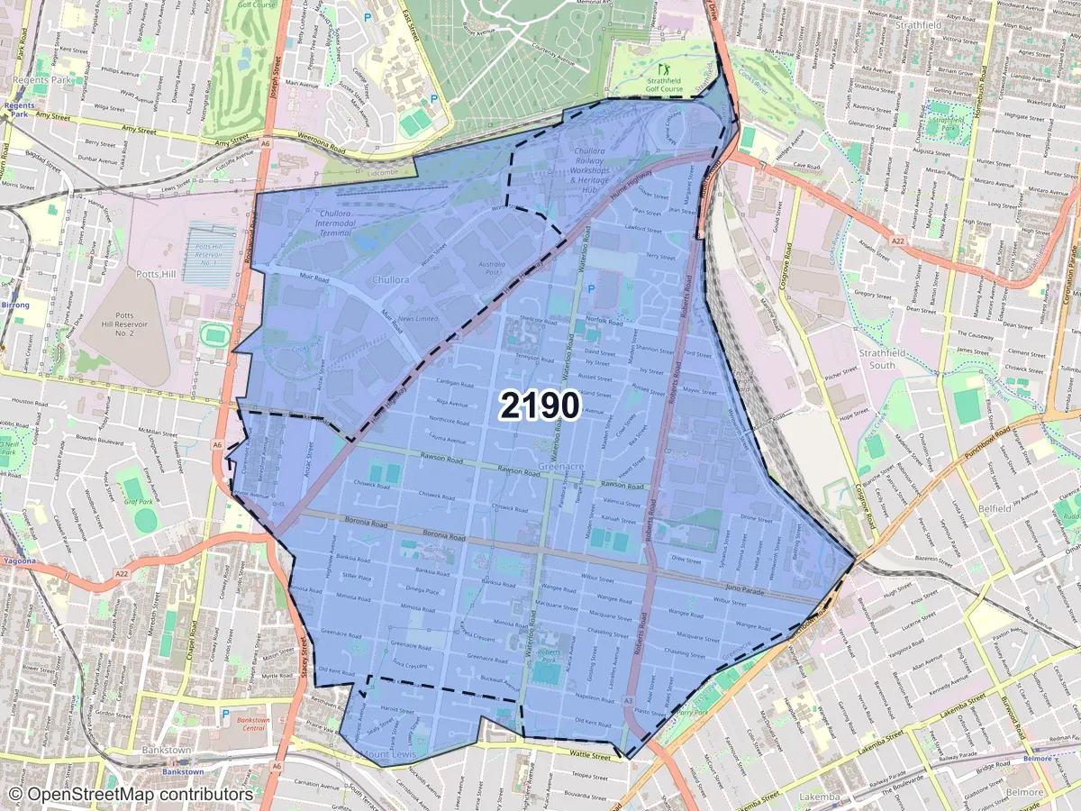 Map of Greenacre, NSW, showing its postcode areas as colored shapes and the suburb outline as a dashed line
