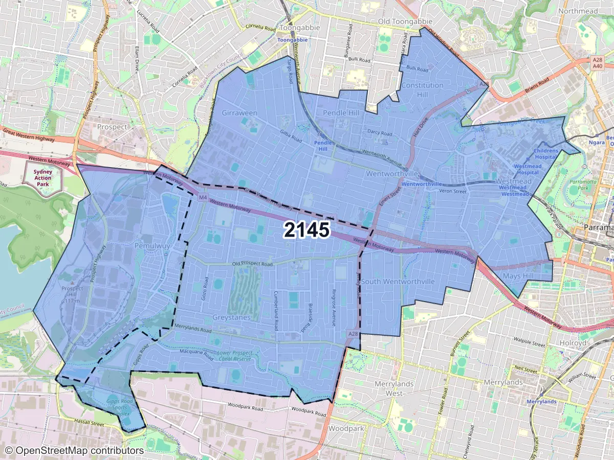 Map of Greystanes, NSW, showing its postcode areas as colored shapes and the suburb outline as a dashed line