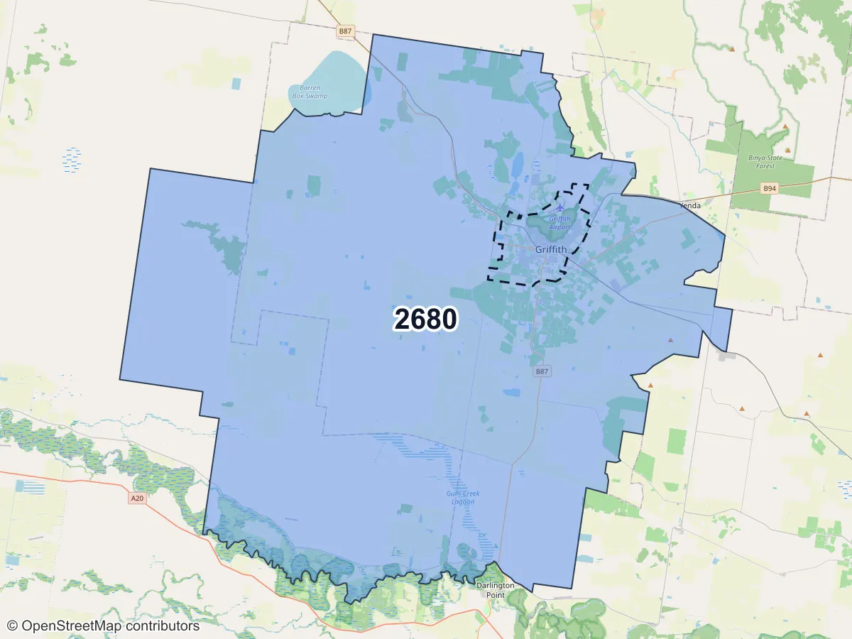 Map of Griffith, NSW, showing its postcode areas as colored shapes and the suburb outline as a dashed line