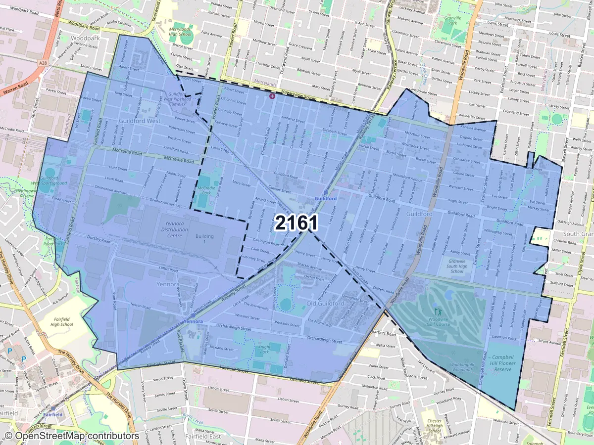 Map of Guildford, NSW, showing its postcode areas as colored shapes and the suburb outline as a dashed line