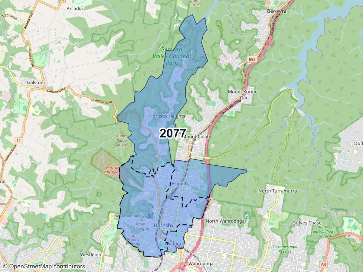 Map of Hornsby, NSW, showing its postcode areas as colored shapes and the suburb outline as a dashed line