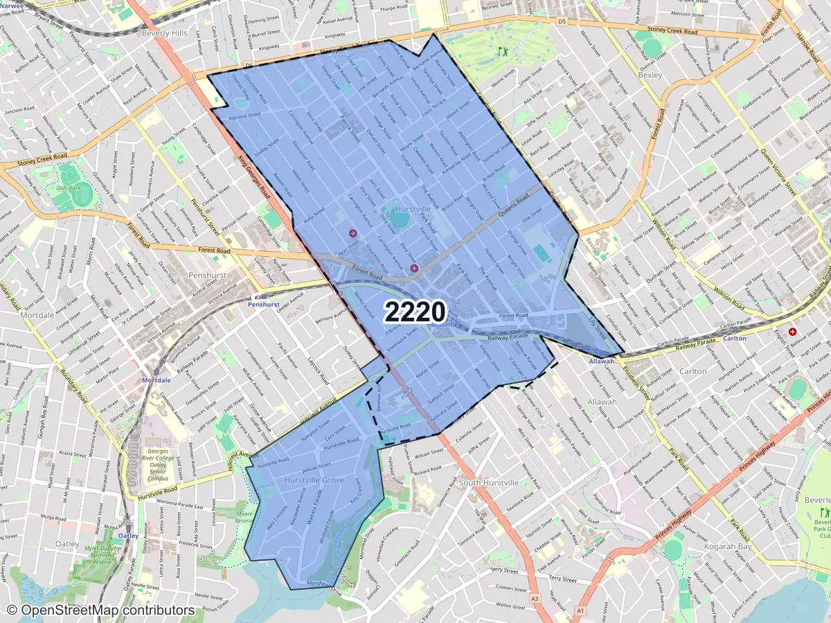 Map of Hurstville, NSW, showing its postcode areas as colored shapes and the suburb outline as a dashed line