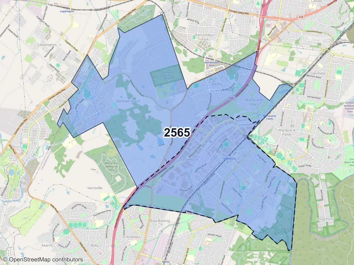 Map of Ingleburn, NSW, showing its postcode areas as colored shapes and the suburb outline as a dashed line