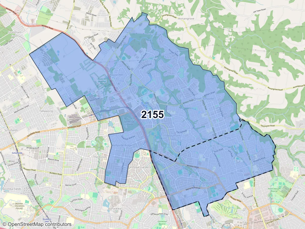 Map of Kellyville, NSW, showing its postcode areas as colored shapes and the suburb outline as a dashed line