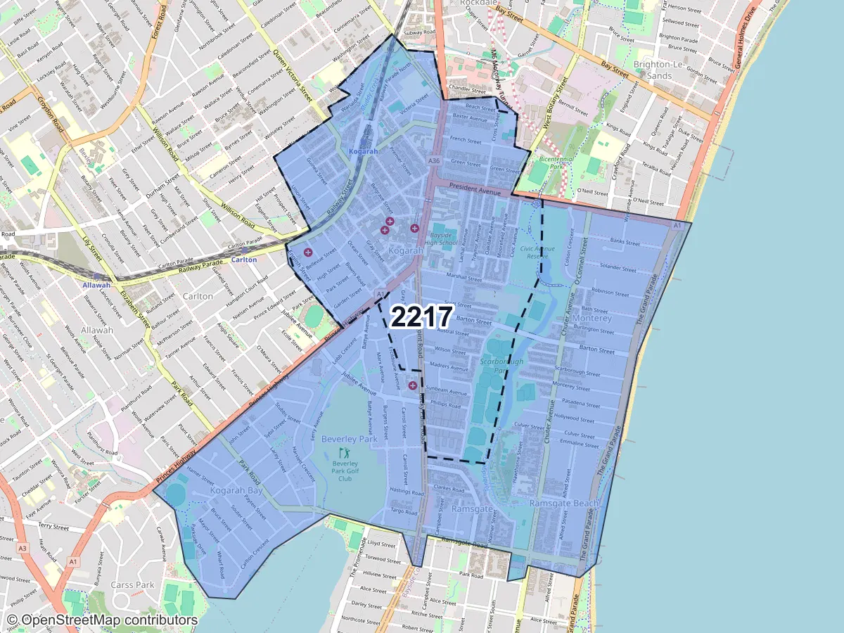 Map of Kogarah, NSW, showing its postcode areas as colored shapes and the suburb outline as a dashed line